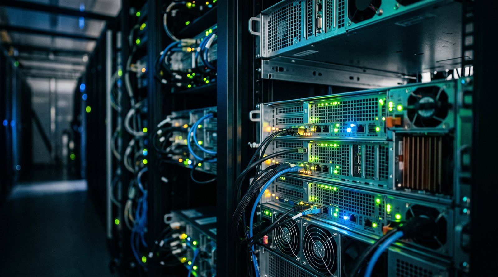 GPU-Serverschrank mit Statusleuchten in einem Rechenzentrum