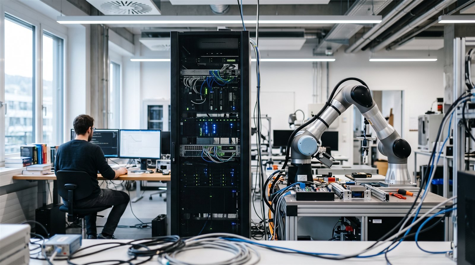 Forschungslabor mit Serverschrank und Roboterarm