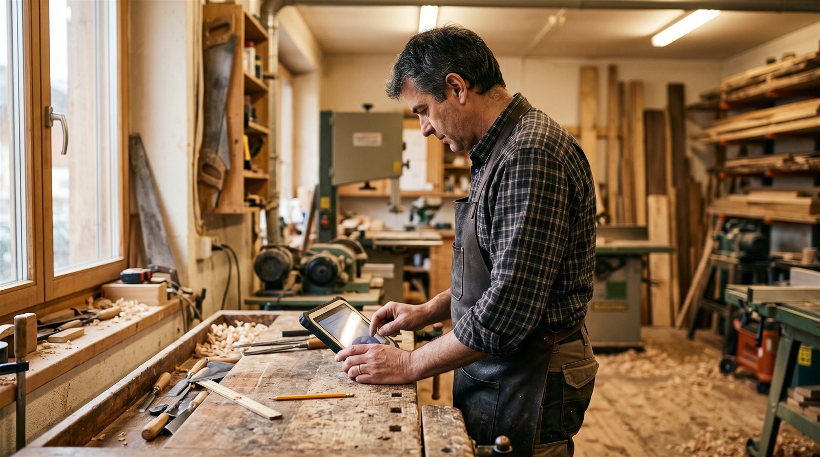Handwerker mit Tablet in einer Schreinerwerkstatt