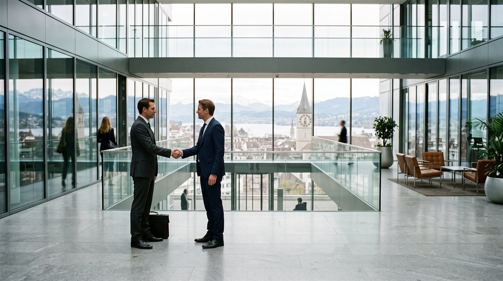 Handschlag zweier Geschäftsleute in einer modernen Bürolobby