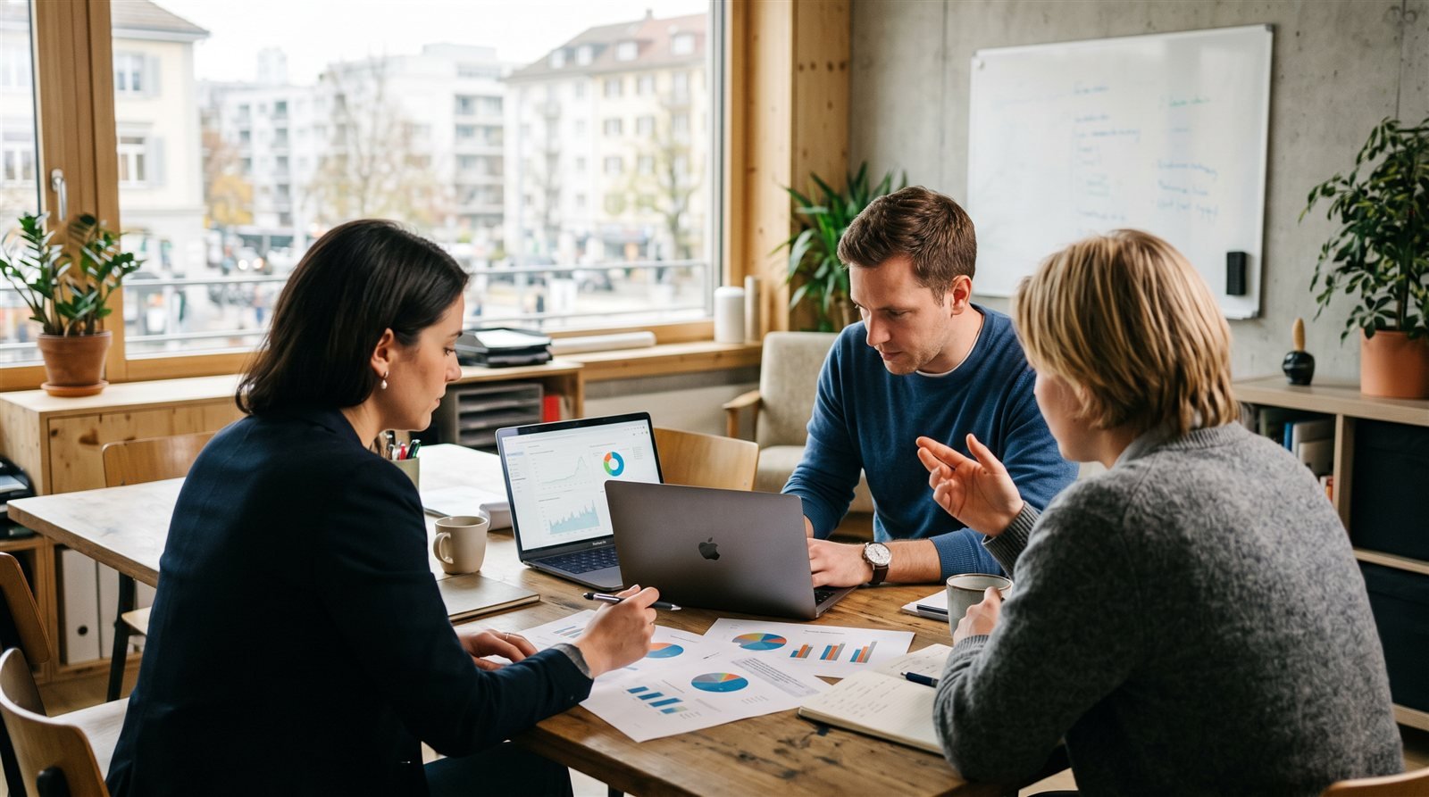 Team bespricht Unterlagen und Laptop in einem modernen Büro