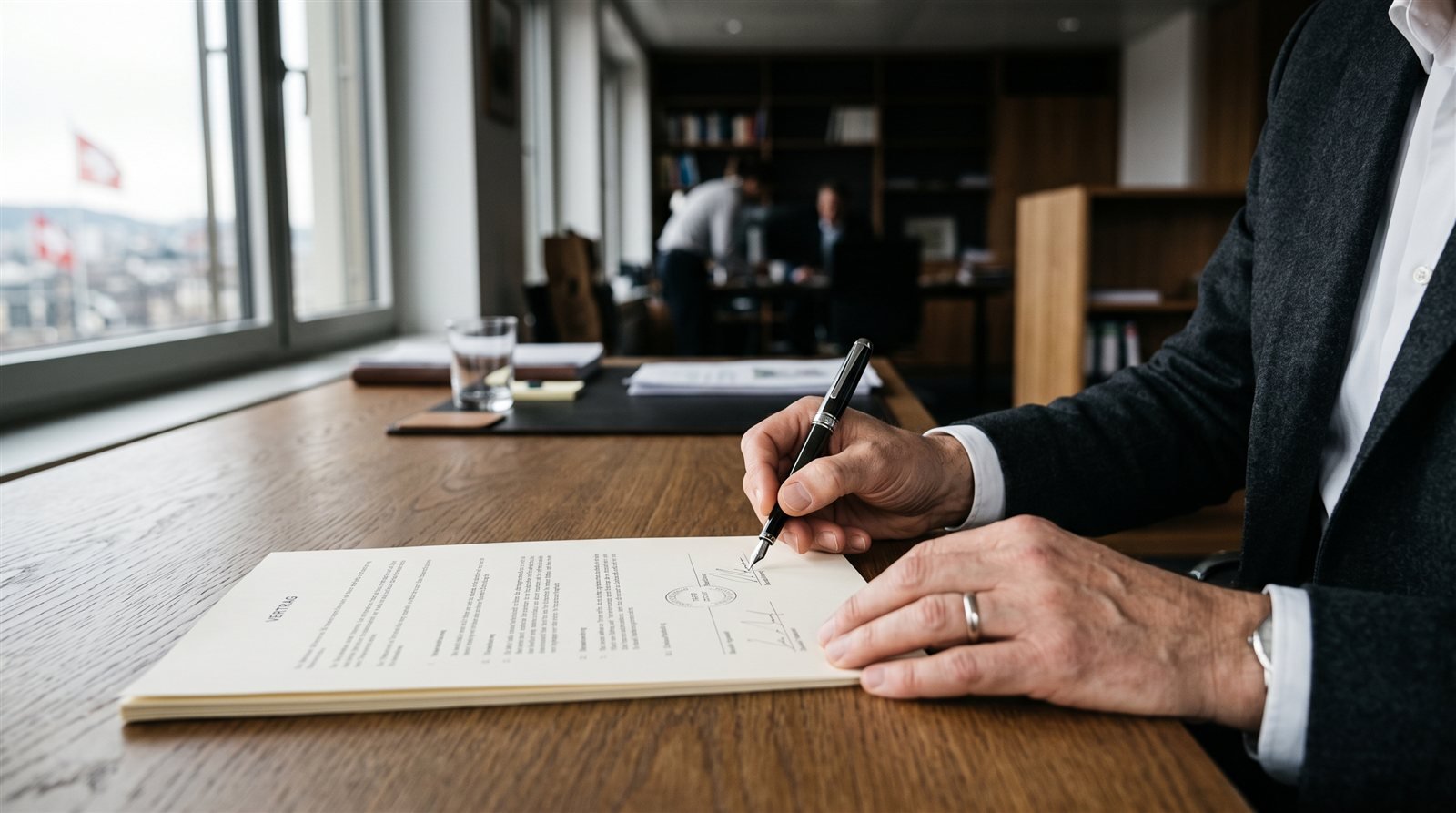 Hände unterzeichnen einen Vertrag mit Füllfederhalter