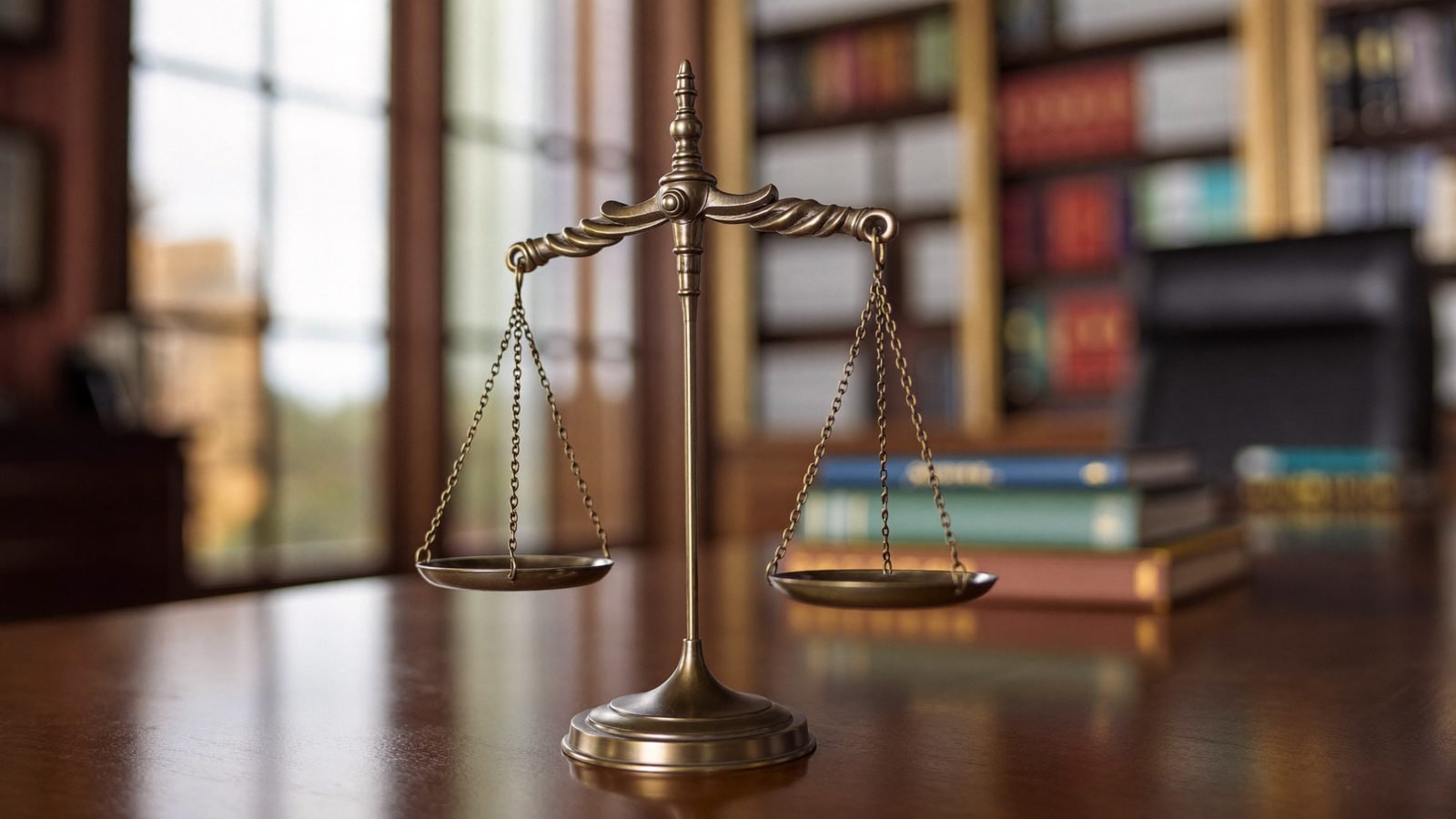 Schreibtisch mit juristischen Dokumenten und Waage im Hintergrund