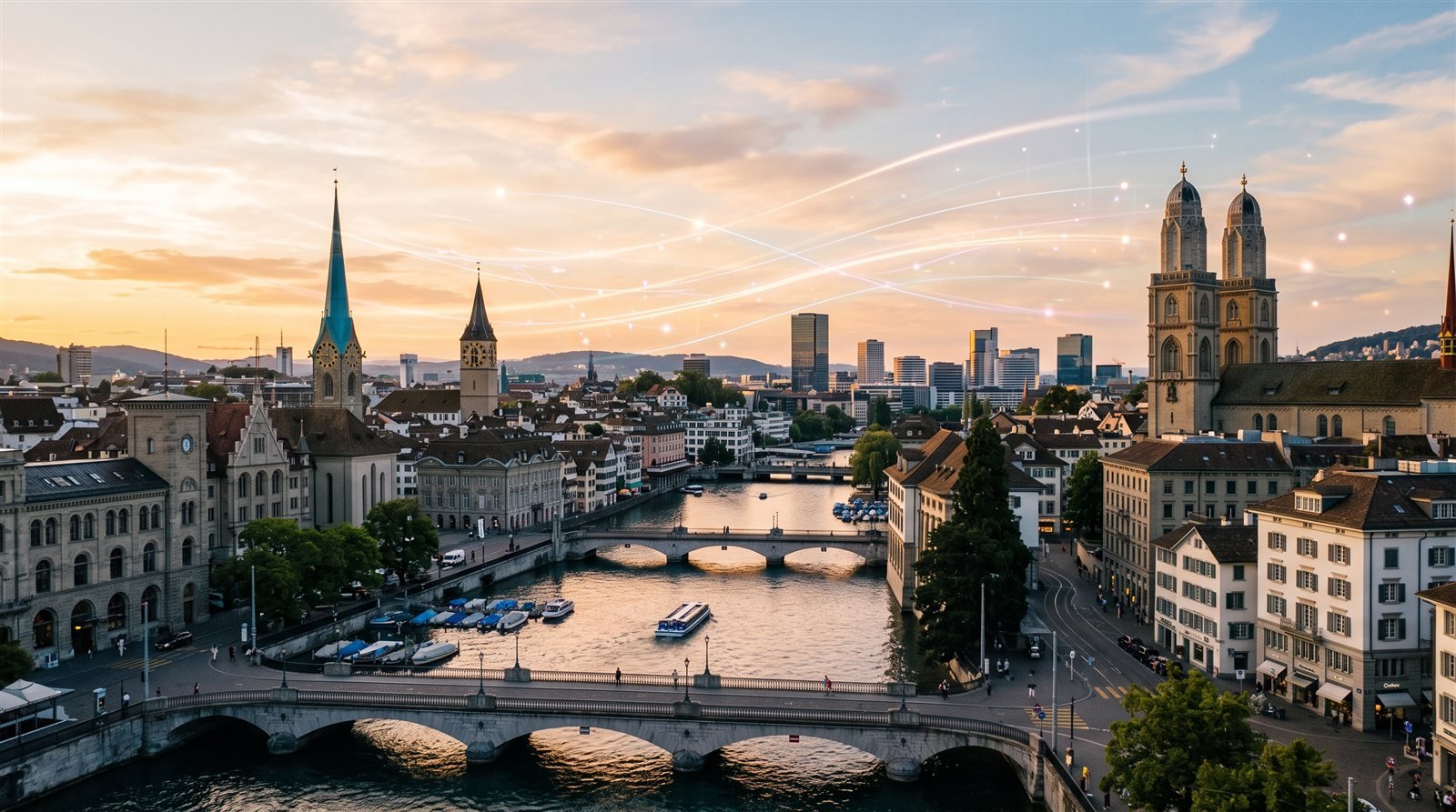 Zürcher Altstadt an der Limmat mit moderner Skyline
