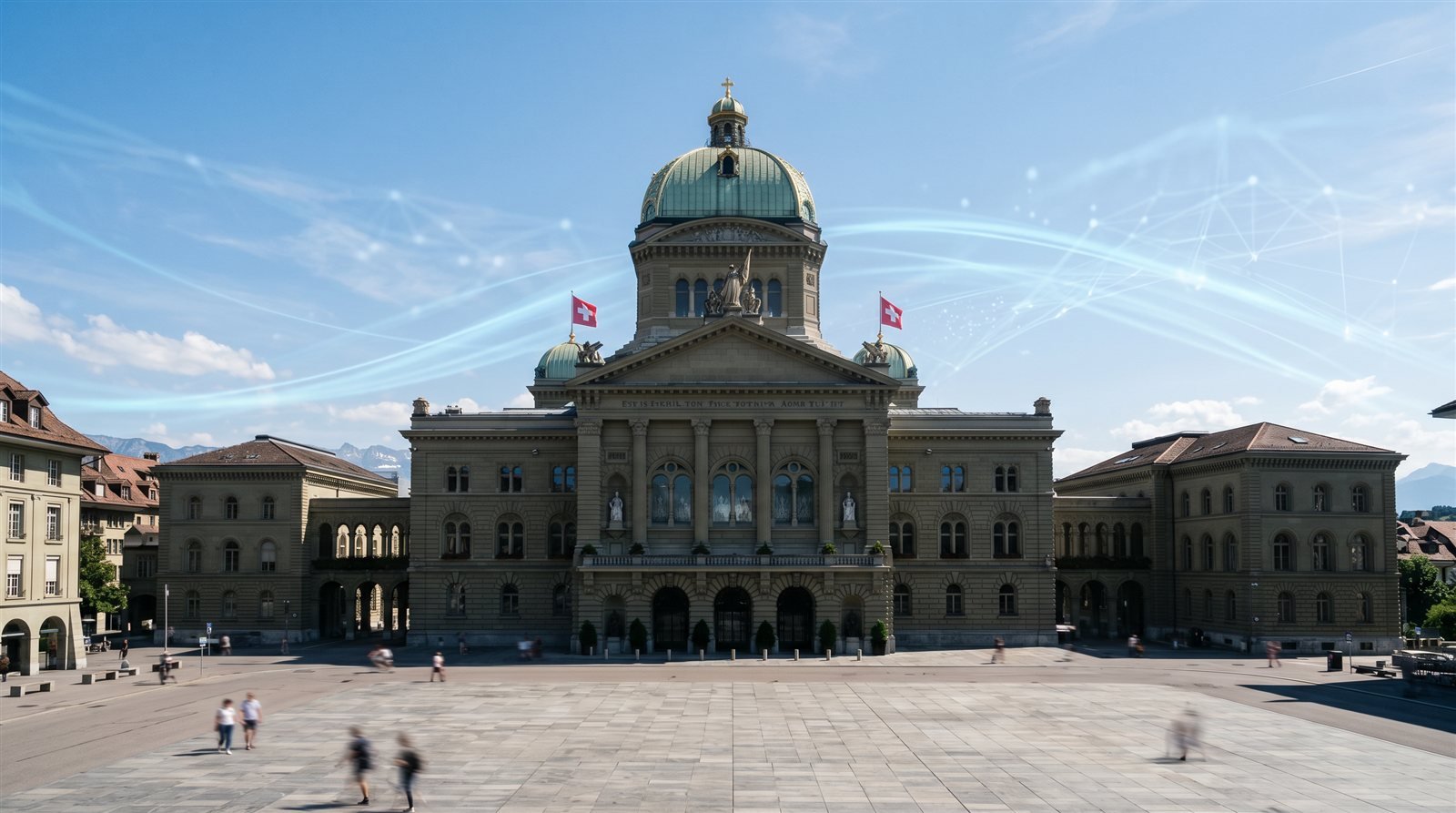 Bundeshaus in Bern mit digitalen Lichtspuren am Himmel
