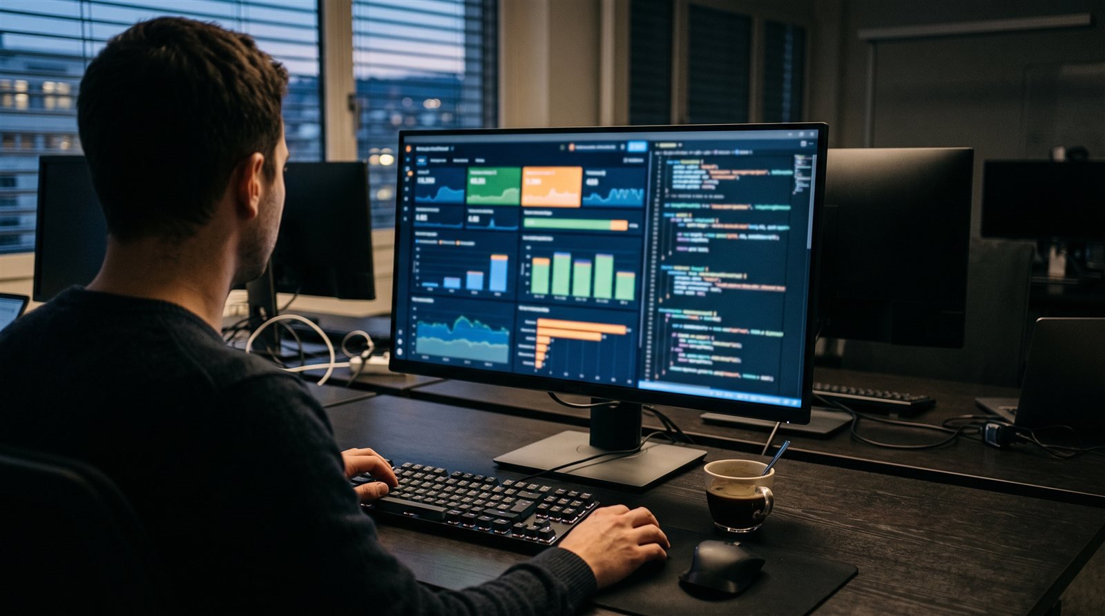Monitor mit Dashboard-Ansichten auf einem dunklen Schreibtisch