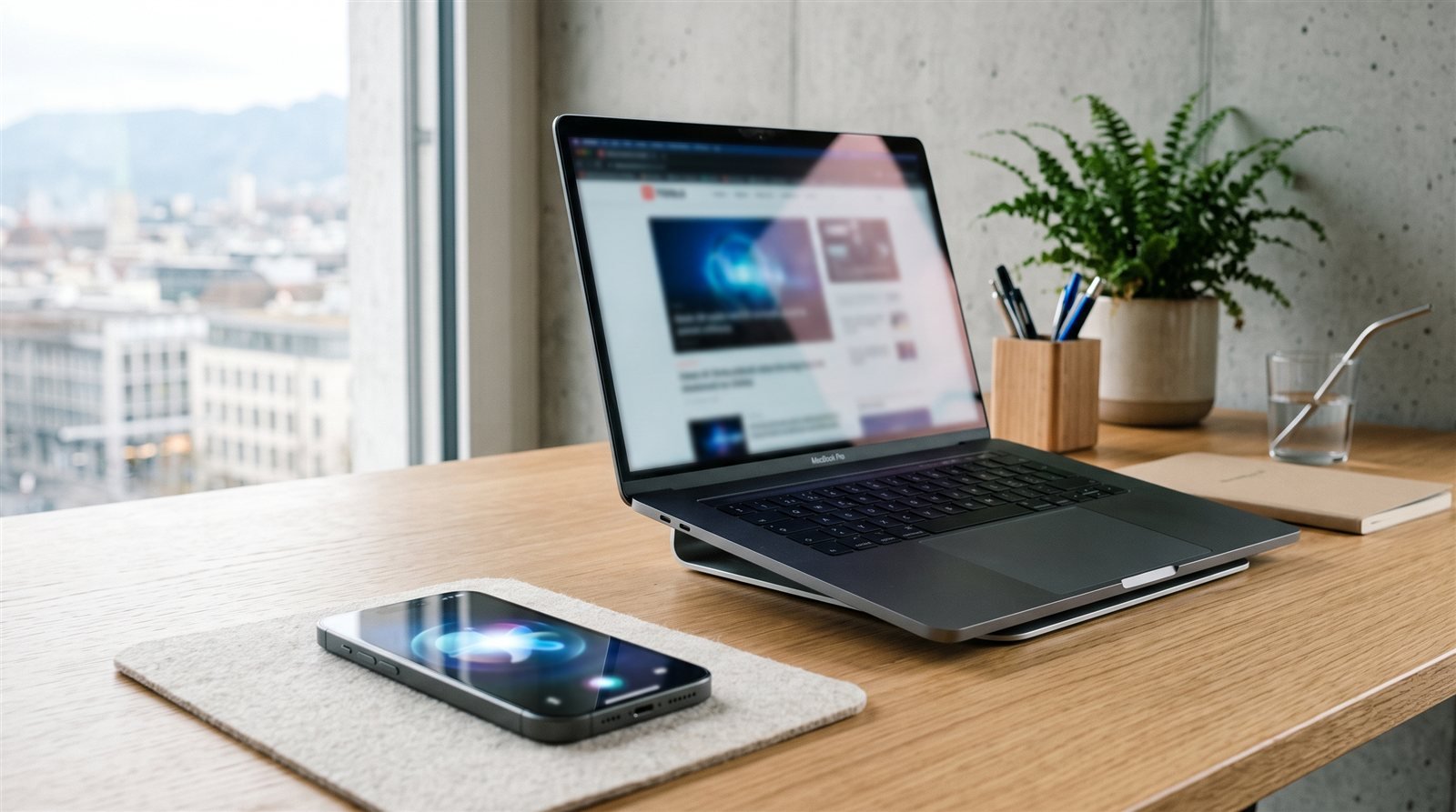 Smartphone und Laptop nebeneinander auf einem hellen Schreibtisch